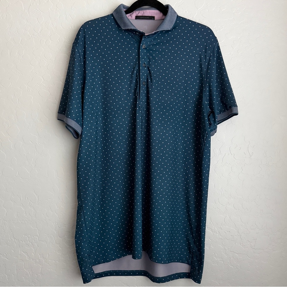 Greyson Men's Wolf Icon Dot Short Sleeve Golf Polo Shirt Dark Green Large - Picture 2 of 9